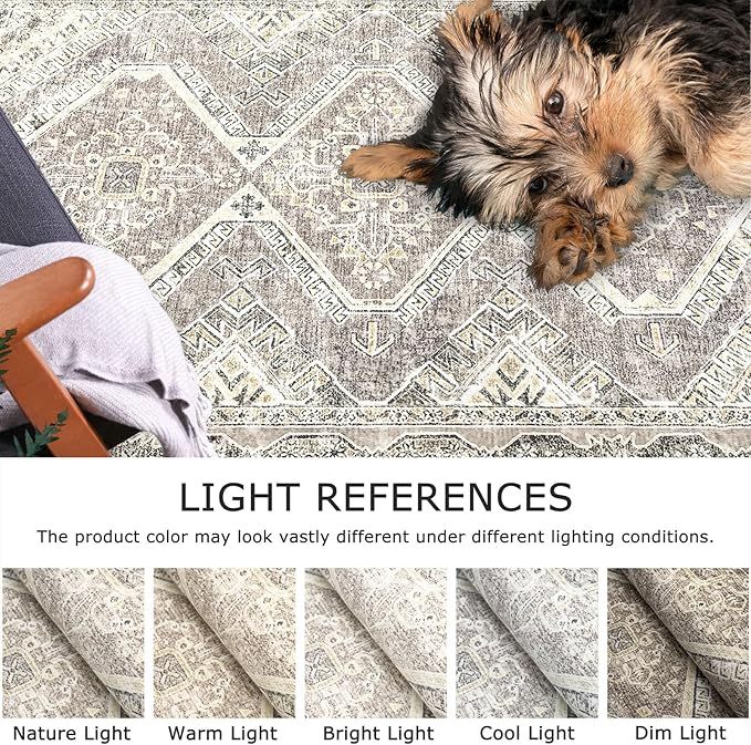 KUTA Vintage Washable Runner Rug 2.6x12, Non-Slip Hallway Kitchen Rugs with Rubber Backing, Ivory Grey Yellow Brown Ultra Soft Printed Oriental Distressed Carpet Long Runners for Living Room