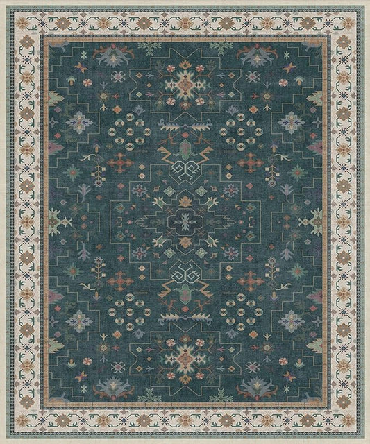 Dark Green Oushak Living Room Rug 10x12 - Modern Vintage Boho Eclectic Floral Pastel, Washable Low Pile Non-Slip Extra Large Area Rugs for Dining Under Table Bedroom Lounge