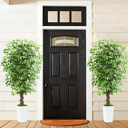 Artificial Ficus Tree 5FT Faux Plants Indoor Tall Fake Plants with White Tall Planter, Green Lifelike Lush Fake Ficus Tree for Home Living Room Bedroom Outdoor Balcony House Office Decor