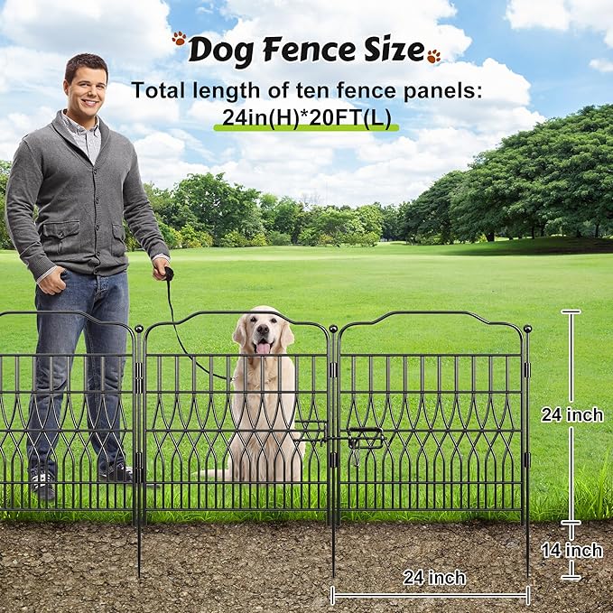 Bepatio 10 Panels Garden Fence Border with Latch, 24in (H) x 20ft (L) Dog Fence Outdoor for Yard, Arc Metal Fencing Panels, Durable Animal Barrier Fencing for Outdoor, Patio, Flower Bed