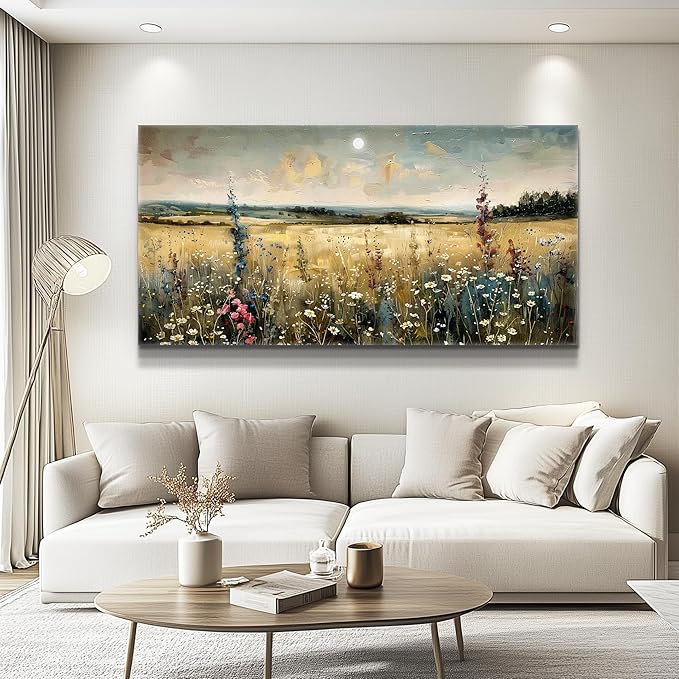 KELIYUAN Wall Art living Room Natural Field Landscape Painted Decor Vintage Meadow Wildflowers Modern Printed Artwork Bedroom Farmhouse Restaurant Office Home Decor Can Be Hung Directly 24x48 In