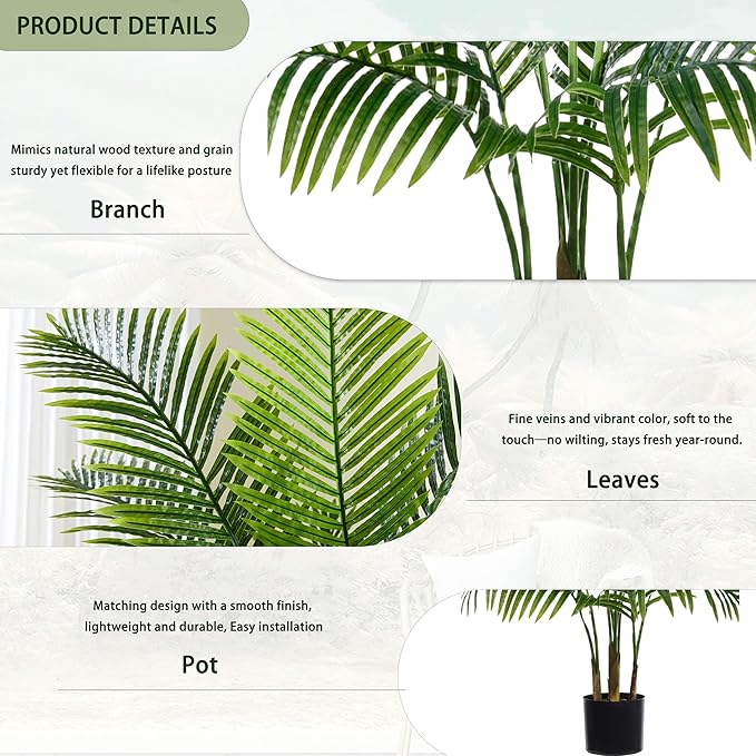 Artificial Fake Palm Tree 4FT Tropical Faux Palm Trees in Pot with 13 Trunks and Real Bark Design Areca Floor Plant Faux Palm Plant for Indoor Outdoor Home Decor