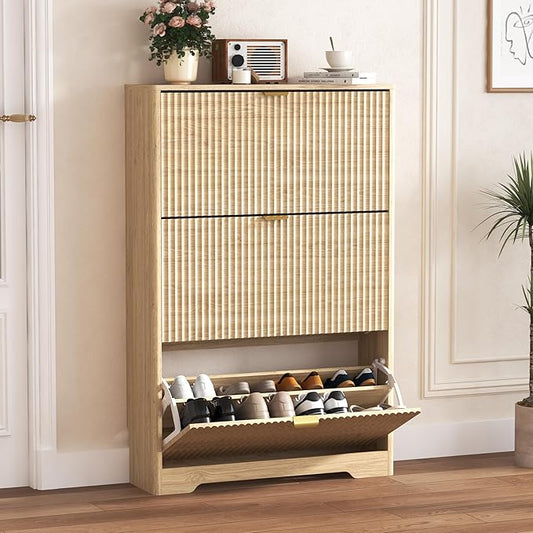 Shoe Cabinet Storage for Entryway with 3 Flip Drawers, Oak Fluted Shoe Cabinet with Adjustable Shelves, Wooden Hidden Shoe Rack Freestanding Narrow Slim Shoes Storage for Hallway, Entrance