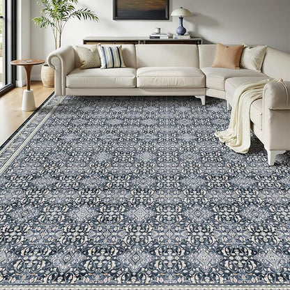 Dark Blue Big Rug 10x12, Carpet Large Size 10x12 for Living Room Bedroom, Washable Non Slip Low Pile Thin Room Rug for Dining Room Family Room, Transitional Moroccan Floral Trellis