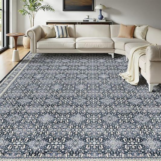Large Rugs for Living Room 10x14, Transitional Moroccan Floral Trellis Big Area Rug for Bedroom Dining Room, Washable Non Slip Low Pile Thin Room Rug for Dining Room Family Room, Dark Blue