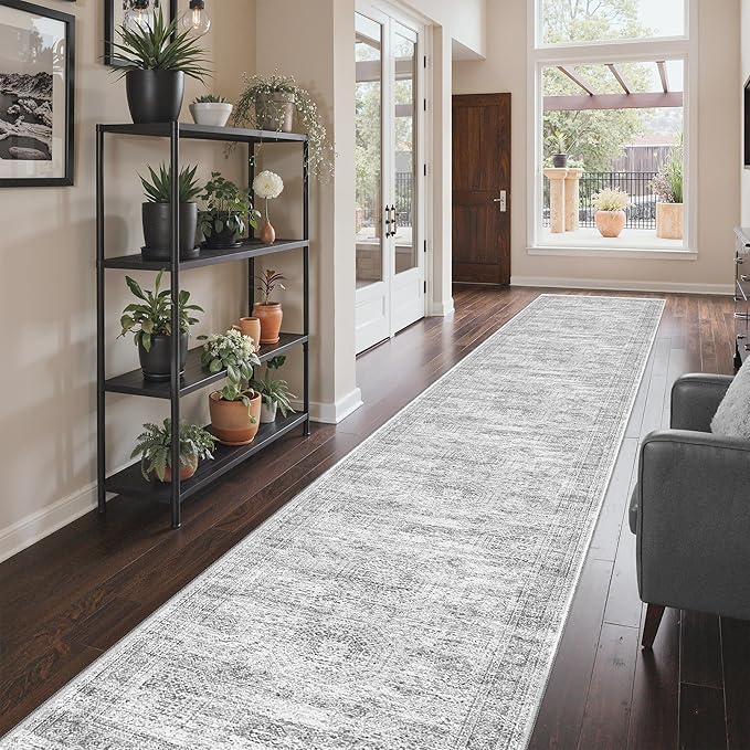 3x16 Washable Runner Rug for Hallway, Non-Slip Long Hallway Runner for Entryway, Soft Vintage Kitchen Mats for Floor, Abstract Dining Room, Bedroom, Living Room Rugs(3'x16', Grey/Ivory)