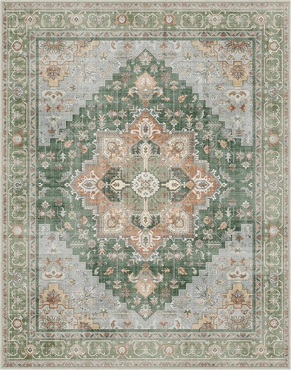 GENIMO 7x10 Area Rugs for Living Room, Machine Washable Non Slip Vintage Rugs, Low Pile Lightweight Chenille Print Rug for Bedroom, Dining Room, Home Office,Sage Green
