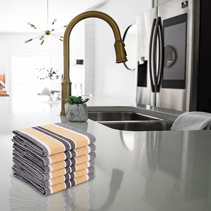 Goroly Home 6 Pack Cotton Vintage Kitchen Dish Towels - Highly Absorbent Quick Dry Professional Grade Cotton Cleaning Towels with Hanging Loop, Honeycomb Pattern - 18x28 Inch - Mustard Brown