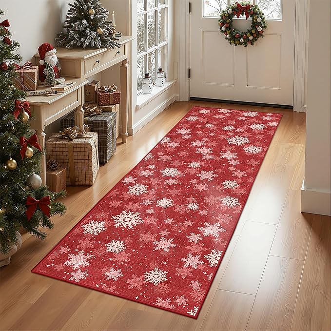 2x6 Runner Rug Non Slip for Entrance, Washable Christmas Kitchen Rugs, Ultra-Thin Snowflake Bathroom Rug Runner, Soft Red and White Christmas Decor Indoor(2'x6', Red/White)