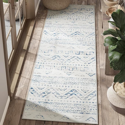 jinchan Boho Runner Rug 2x6 - Moroccan Machine Washable Non-Slip Bohemian Diamond Low-Pile Soft Runner Rug for Entryway Hallway Kitchen Bedroom Laundry Room (2‘x6', Blue)