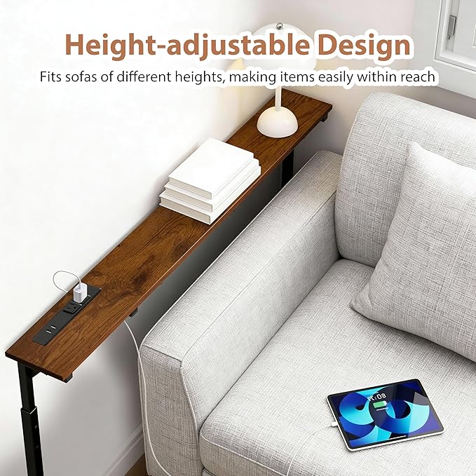 GRLEAF 35" Adjustable Height Narrow Console Table with Power Outlets, Long Sofa Table with Charging Station Behind Couch Table Skinny Entryway Table for Living Room, Hallway and Office – Rustic Brown