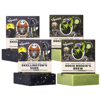 Dr. Squatch Nightmare Before Christmas Collection - Natural 4 Soap Gift Set - Cold Process Soap with No Harsh Chemicals - Skellington Suds, Oogie Boogie's Brew (4 Pack)