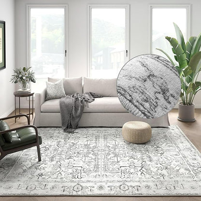 jinchan 8x10 Area Rug for Living Room Washable Soft Throw Rug Ultra-Thin Stain Resistant Non-Slip Distressed Vintage Floral Large Carpet for Bedroom,Dining Room,Home Office,Nursery (8x10ft,Grey)