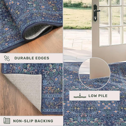 Non Slip 2x5 Dark Blue Entryway Runner Rug - Washable Small Throw Rugs for Bathroom, Bedroom, Laundry Room, Hallway, Kitchen Floor Mat, Dusky Navy Vintage Oriental Décor