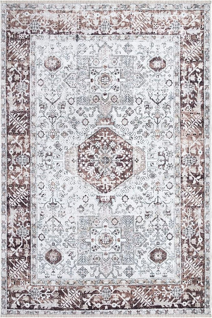 Bloom Rugs Caria Washable Non-Slip 8x10 Rug - Beige/Brown Traditional Area Rug for Living Room, Bedroom, Dining Room, and Kitchen - Exact Size: 7'8" x 10'