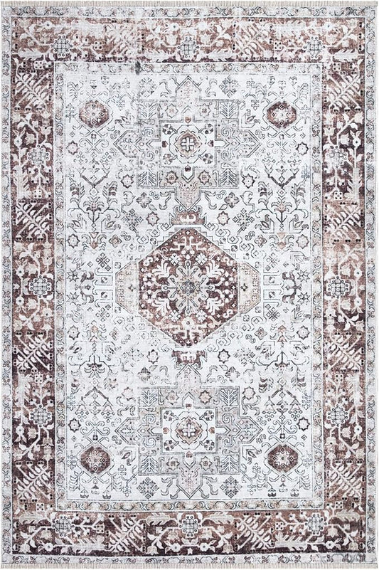 Bloom Rugs Washable Non-Slip 2x3 Rug - Beige/Brown Traditional Oriental Area Rug for Living Room, Bedroom, Dining Room, and Kitchen - Exact Size: 2' x 3'