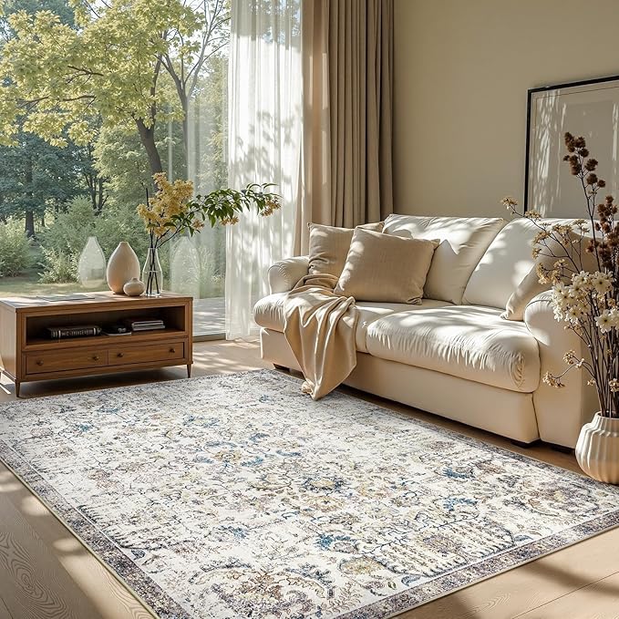 jinchan Area Rug 5x7 Washable Living Room Rug Vintage Indoor Floor Cover Retro Accent Mat Distressed Floral Country Boho Non Slip Thin Carpet for Bedroom Kitchen Dining Room Office Blue Multi