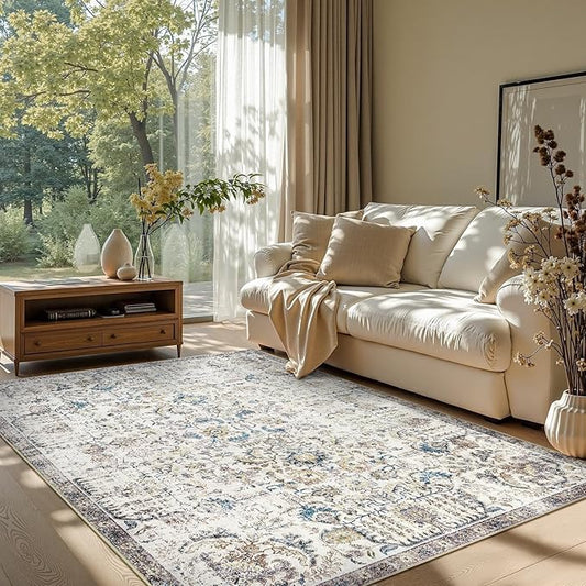 jinchan Area Rug 5x7 Washable Living Room Rug Vintage Indoor Floor Cover Retro Accent Mat Distressed Floral Country Boho Non Slip Thin Carpet for Bedroom Kitchen Dining Room Office Blue Multi