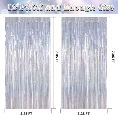 12 Pack Fringe Backdrop, 3.28 FT x 7.08 FT Glitter Silver Tinsel Curtain, Metallic Foil Curtains Party Streamer Disco Backdrop, Silver Party Decorations for New Year Birthday Holiday