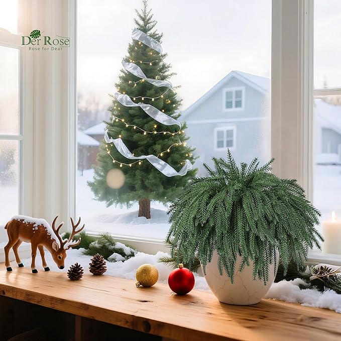 Der Rose 12Pcs Christmas Norfolk Pine Stems, 18 Inch Artificial Pine Branches Faux Cedar Stems Greenery Picks for Xmas DIY Crafts Wreath Garland Home Outdoor Christmas Decorations Indoor