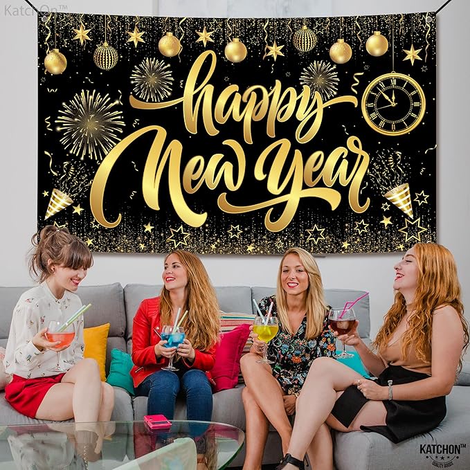 KatchOn, XtraLarge Happy New Year Banner - 72x44 Inch | Happy New Year Backdrop for New Years Decorations 2026 | NYE Eve Banner for NYE Decorations 2026 | New Years Eve Party Supplies 2026