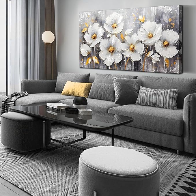 CIRABKY White Canvas Wall-Art - Flower Pictures Wall Decor - Large Wall Art for Living Room Ready to Hang Size 29" x 59"