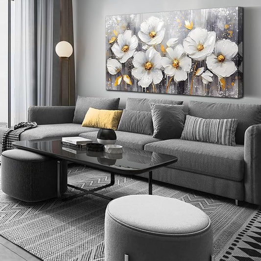 CIRABKY White Canvas Wall-Art - Flower Pictures Wall Decor - Large Wall Art for Living Room Ready to Hang Size 29" x 59"