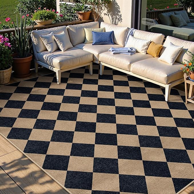 Lahome Checkered Easy Jute Patio Rug, 6x9 Washable Indoor Outdoor Rug, Farmhouse Neutral Non Slip Non Shedding Low Pile Floor Carpet for Deck Living Dining Room Office Mudroom