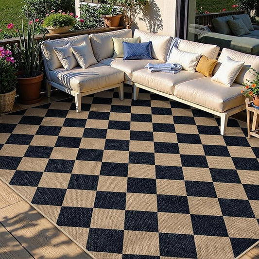 Lahome Checkered Easy Jute Patio Rug, 6x9 Washable Indoor Outdoor Rug, Farmhouse Neutral Non Slip Non Shedding Low Pile Floor Carpet for Deck Living Dining Room Office Mudroom
