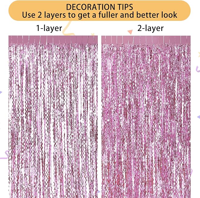 Pink Foil Fringe Curtain - Wavy Fringe Backdrop 3.3 x 6.6 Feet, Pack of 3 | Pink Streamers Party Decorations Birthday Decorations Valentine's Day Decoration Party Supplies