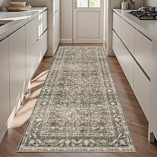 OPPODREAM Thin Vintage Brown 3x6 Runner Rug, 3 x 6 Retro Washable Rug Non Slip, Low-Pile Faux Wool Carpet, Distressed Floor Mat for Kitchen, Hallway, Entry-Way, Entrance, Indoor Back Door