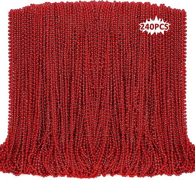 240PCS Red Necklace, Christmas Beads Necklace Accessories, 33" Red Mardi Gras Beads Festival Parade Throw for Wedding Birthday Valentines Mardi Gras Christmas Celebrations Decorations