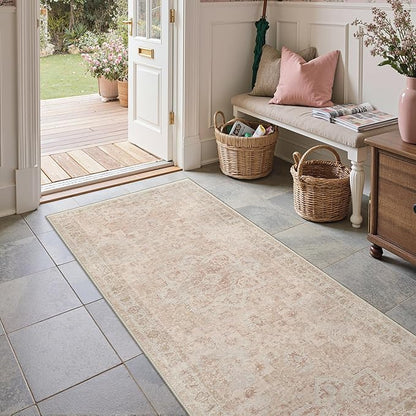 GENIMO 2x5 Runner Rugs for Hallway, Machine Washable Non Slip Vintage Rugs, Low Pile Lightweight Soft Print Rug for enrtyway, Corridor, Home Office, Kitchen, Light Pink