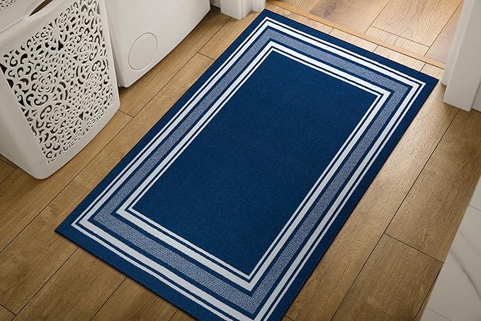 Modern Bordered Non Slip Indoor Runner Rugs for Living Room 2x3 Area Rugs for Kitchen, Rug for Bedroom, and Hallway, Stain Resistant Easy Cleaning Non Shedding Navy 2 x 3