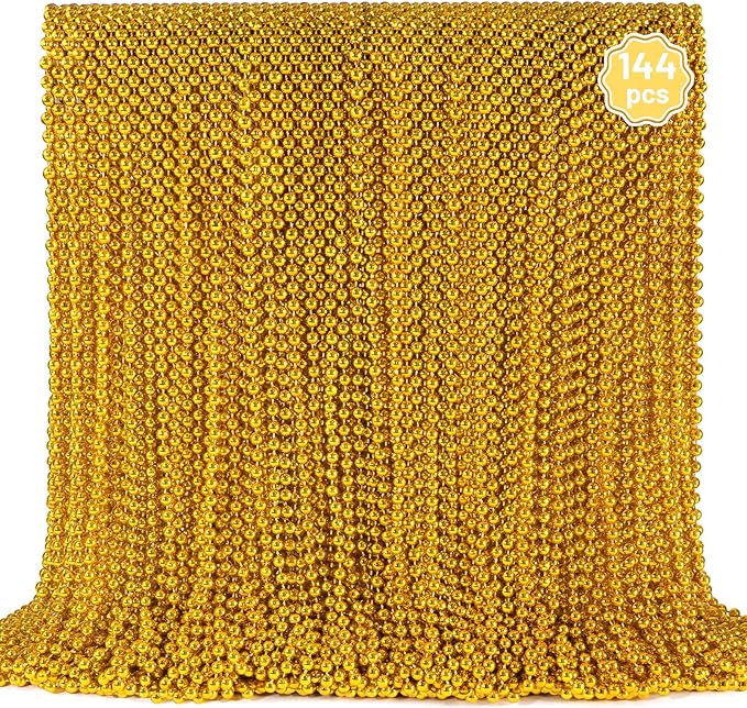 YAXINRUI 144 PCS Gold Mardi Gras Beads, Gold Bead Necklaces, Christmas Bead Necklaces, 33 Inch Round Beaded Necklace for Mardi Gras Party Christmas New Year Eve Festive Events, Party Favors