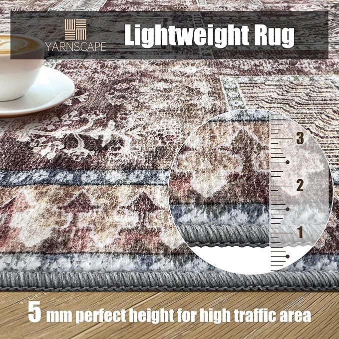 Vintage 6' x 9' Washable Area Rug - Stylish Indoor Rug for Living, Dining or Bedroom - Lightweight Carpet with Non-Slip Backing - Foldable for Easy Placement and Maintenance - Rust