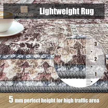 Vintage 4' x 6' Washable Area Rug - Stylish Indoor Rug for Living, Dining or Bedroom - Lightweight Carpet with Non-Slip Backing - Foldable for Easy Placement and Maintenance - Rust