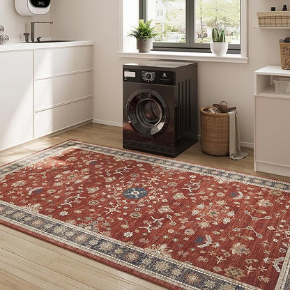 3x5 Area Rug for Entryway, Small Red Boho Washable Rug, Soft Modern Low Pile Indoor Doormat, Carpet for Bedroom Bedside Living Room Bathroom Playroom Kitchen Dining Room Laundry, Red/Gold