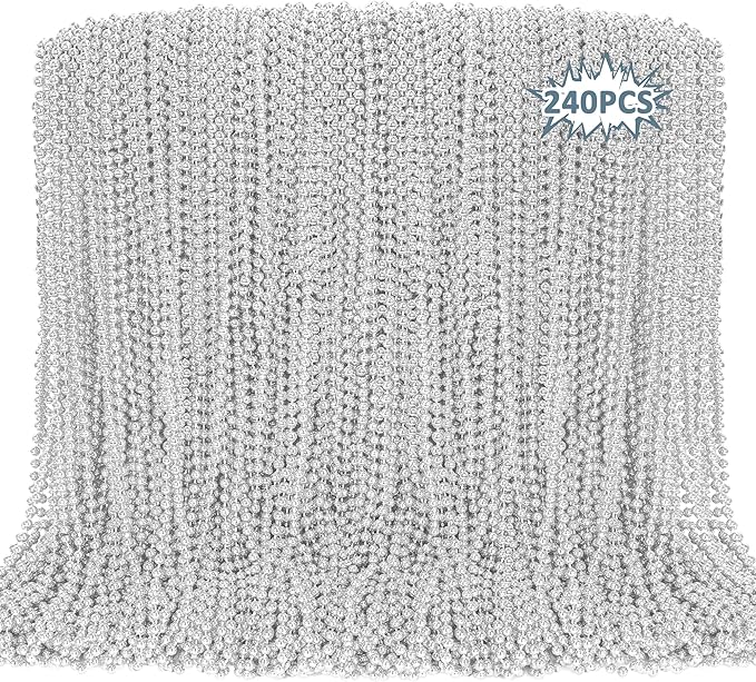 240PCS Silver Bead Necklace, Christmas Beads Stuff Accessories, 33" Xmas Necklaces Women and Men, Festival Events Parade Throw Accessories for Wedding Birthday Celebrations Decorations