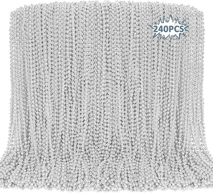 240PCS Silver Bead Necklace, Christmas Beads Stuff Accessories, 33" Xmas Necklaces Women and Men, Festival Events Parade Throw Accessories for Wedding Birthday Celebrations Decorations