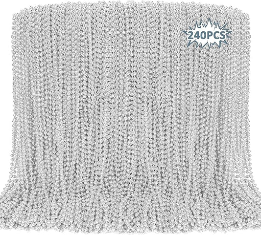 240PCS Silver Bead Necklace, Christmas Beads Stuff Accessories, 33" Xmas Necklaces Women and Men, Festival Events Parade Throw Accessories for Wedding Birthday Celebrations Decorations