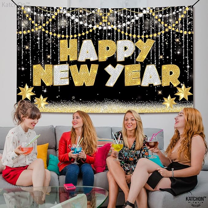 KatchOn, Large Happy New Year Banner - 72x44 Inch | New Years Eve Party Supplies | Happy New Year Backdrop for New Years Decorations 2026 | NYE Decorations 2026, NYE Party Supplies 2026