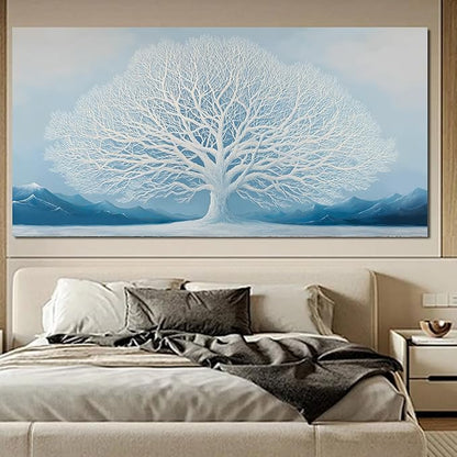 Trogonup White Tree of Life Wall Art for Bedroom Large Blue Landscape Mountain Artwork for Living Room Office Home Kitchen Modern Canvas Prints Ready to Hang 29x58 Inches