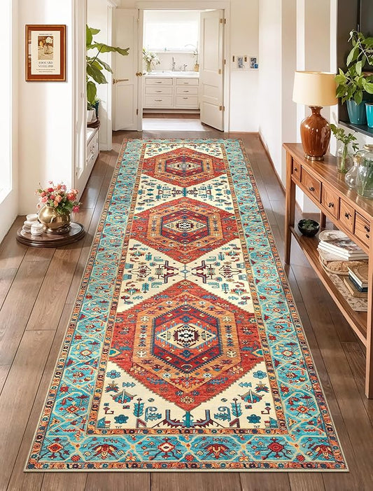 SERISSA Boho Washable Runner Rug, 2'6"x8' Rug Runner Non-Slip Vintage Orange Hallway Kitchen Runner Rug Ultra Soft Print Distressed Tribal Floor Carpet Runner for Bedroom Bathroom Laundry Room