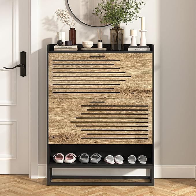 Vibe & Dine Shoe Storage Cabinet for Entryway, Narrow Shoe Cabinet with 2 Flip Drawers, Slim Shoe Rack Cabinet with Storage Shelf and Top Cubby, Modern Wall Hidden Shoe Cabinet, Black, Wide