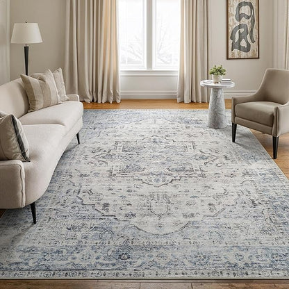 Bloom Rugs Caria Washable Non-Slip 9x12 Rug - Ivory/Blue/Gray Traditional Area Rug for Living Room, Bedroom, Dining Room, and Kitchen - Exact Size: 9' x 12'