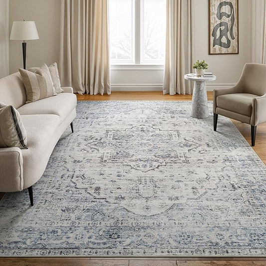 Bloom Rugs Washable Non-Slip 10x14 Rug - Ivory/Blue/Gray Traditional Oriental Area Rug for Living Room, Bedroom, Dining Room, and Kitchen - Exact Size: 10' x 14'