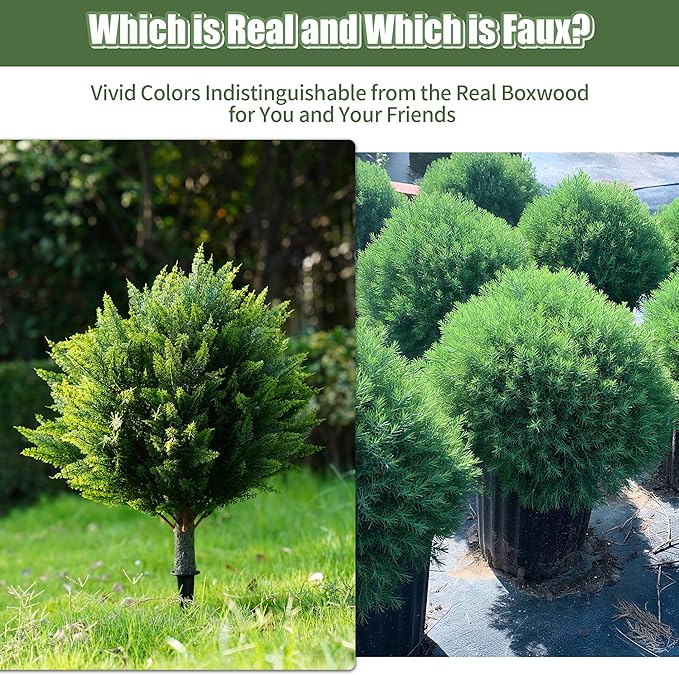 Artificial Cypress, 27.55'' Topiary Trees Artificial Outdoor, Faux Cedar Shurbs with Ground Spike, UV - Resistant Faux Plants for Outdoor planters, Set of 2 Fake Bushes Front Porch