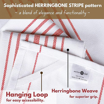 Native Fab 100% Cotton Kitchen Dish Towels 12 Pack Scandia Stripe 16"x26" - Herringbone Weave Tea Towels, Dish Cloths for Drying Dishes, Absorbent Towels Set with Hanging Loop - Red White