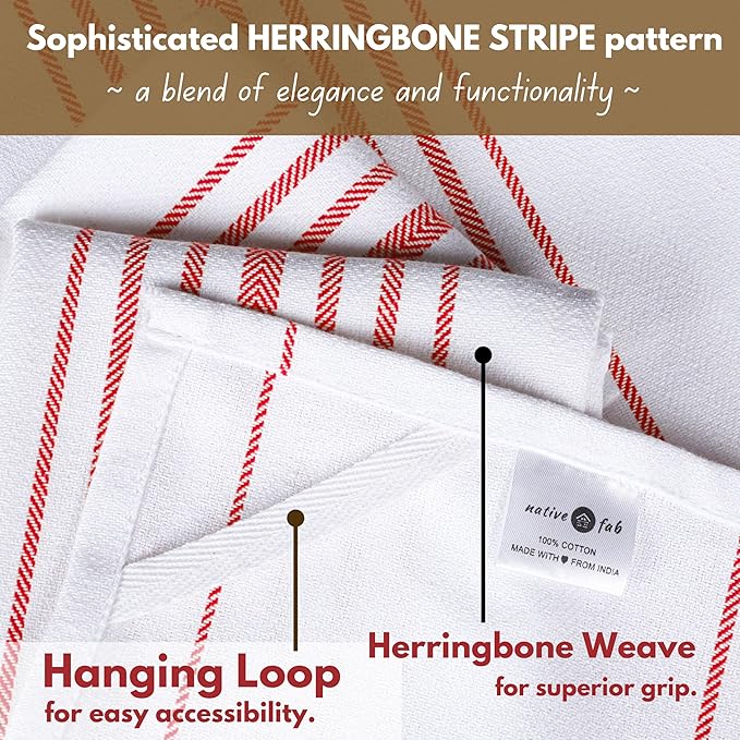 Native Fab 100% Cotton Red Kitchen Dish Towels Set of 4 Scandia Stripe 16"x26" - Herringbone Tea Towels, Dish Cloths for Drying Dishes, Absorbent Towels Set with Hanging Loop - Red White